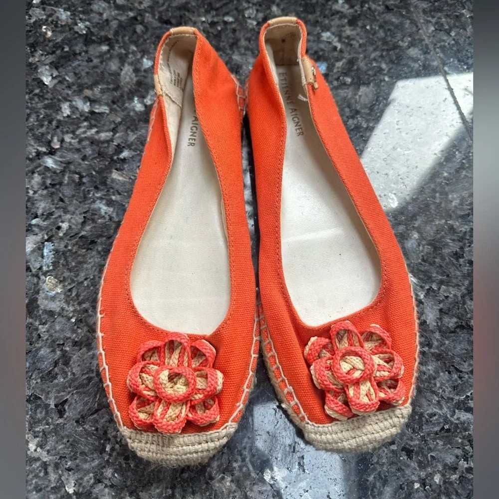 Etienne Aigner Orange Espadrille Flats with Floral Detail Leather Upper Size 6